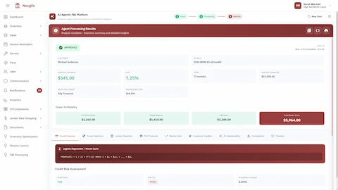 Agent Processing Results - Approved deal summary with dealer profitability metrics, credit risk assessment, and selected lender details